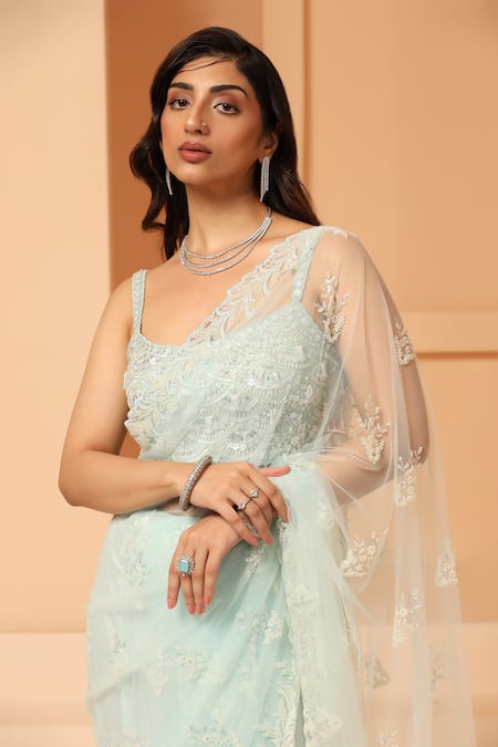 Buy Meenagurnam Blue Net Sequins, Pearls, Cut Work Floral Vine Embroidered Saree With Blouse Online at Aza Fashions Buy_Meenagurnam_Blue Net Sequins, Pearls, Cut Work Floral Vine Embroidered Saree With Blouse_Online_at_Aza_Fashions