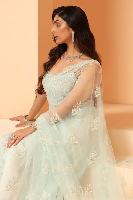 Meenagurnam Blue Net Sequins, Pearls, Cut Work Floral Vine Embroidered Saree With Blouse at Aza Fashions Meenagurnam_Blue Net Sequins, Pearls, Cut Work Floral Vine Embroidered Saree With Blouse_at_Aza_Fashions