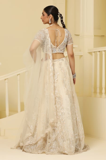 Shop Meenagurnam Beige Net, Linen Beads, Cut Work, Embroidery Polo Floral Vine Lehenga Set at Aza Fashions Shop_Meenagurnam_Beige Net, Linen Beads, Cut Work, Embroidery Polo Floral Vine Lehenga Set _at_Aza_Fashions