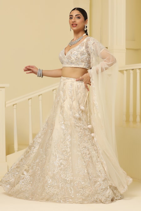 Shop Meenagurnam Beige Net, Linen Beads, Cut Work, Embroidery Polo Floral Vine Lehenga Set Online at Aza Fashions Shop_Meenagurnam_Beige Net, Linen Beads, Cut Work, Embroidery Polo Floral Vine Lehenga Set _Online_at_Aza_Fashions