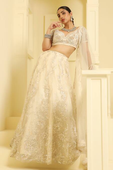 Meenagurnam Beige Net, Linen Beads, Cut Work, Embroidery Polo Floral Vine Lehenga Set at Aza Fashions Meenagurnam_Beige Net, Linen Beads, Cut Work, Embroidery Polo Floral Vine Lehenga Set _at_Aza_Fashions