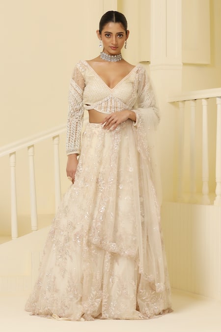 Meenagurnam_Beige Net, Linen Sequins, Beads, Embroidery Plunge Crystal Hand Lehenga Set _Online_at_Aza_Fashions