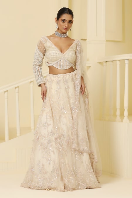Buy_Meenagurnam_Beige Net, Linen Sequins, Beads, Embroidery Plunge Crystal Hand Lehenga Set _Online_at_Aza_Fashions