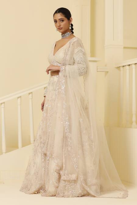 Shop_Meenagurnam_Beige Net, Linen Sequins, Beads, Embroidery Plunge Crystal Hand Lehenga Set _Online_at_Aza_Fashions