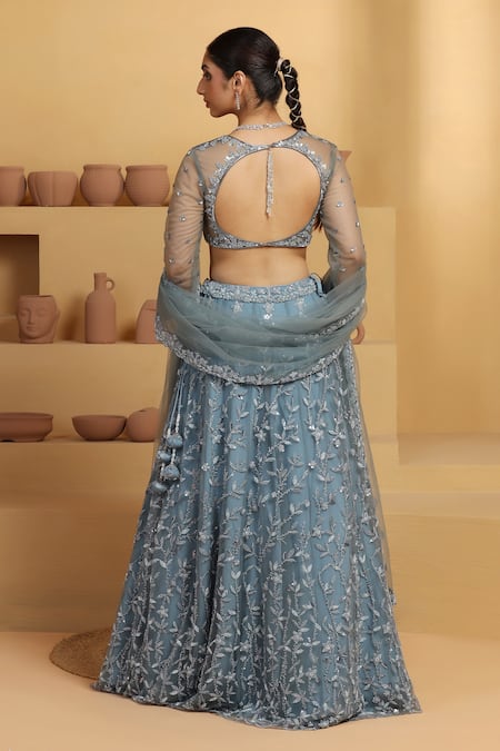 Shop Meenagurnam Blue Net, Linen Sequins, Cut Work, Flower Vine Hand Embellished Lehenga Set at Aza Fashions Shop_Meenagurnam_Blue Net, Linen Sequins, Cut Work, Flower Vine Hand Embellished Lehenga Set _at_Aza_Fashions