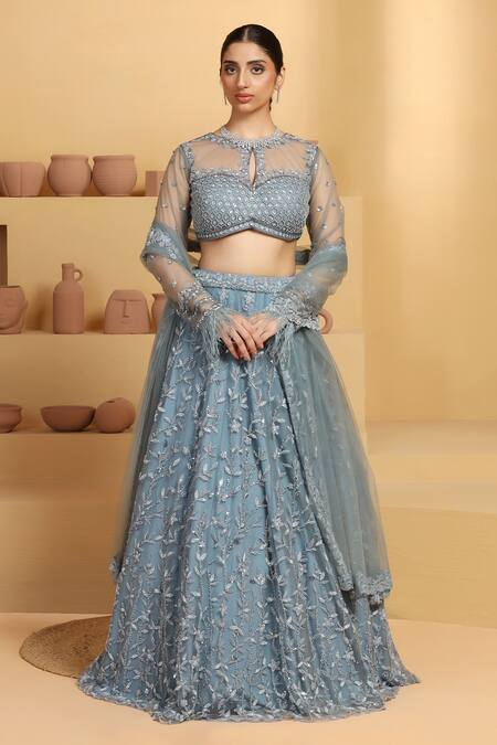 Buy Meenagurnam Blue Net, Linen Sequins, Cut Work, Flower Vine Hand Embellished Lehenga Set Online at Aza Fashions Buy_Meenagurnam_Blue Net, Linen Sequins, Cut Work, Flower Vine Hand Embellished Lehenga Set _Online_at_Aza_Fashions