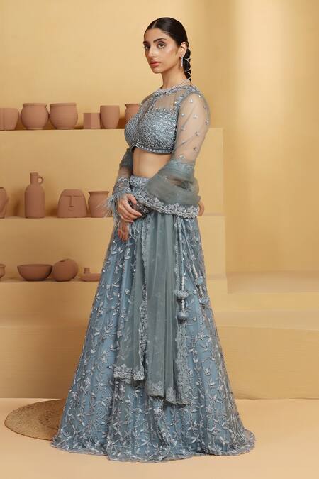 Shop Meenagurnam Blue Net, Linen Sequins, Cut Work, Flower Vine Hand Embellished Lehenga Set Online at Aza Fashions Shop_Meenagurnam_Blue Net, Linen Sequins, Cut Work, Flower Vine Hand Embellished Lehenga Set _Online_at_Aza_Fashions
