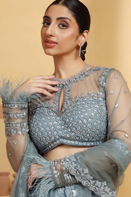 Meenagurnam Blue Net, Linen Sequins, Cut Work, Flower Vine Hand Embellished Lehenga Set at Aza Fashions Meenagurnam_Blue Net, Linen Sequins, Cut Work, Flower Vine Hand Embellished Lehenga Set _at_Aza_Fashions