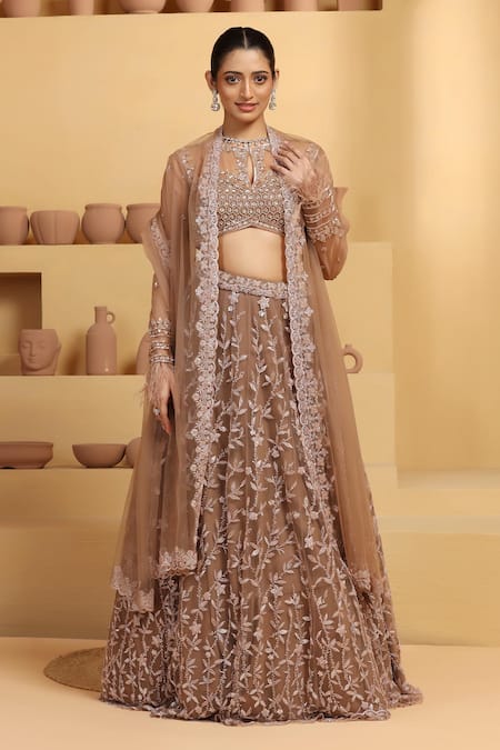 MeenaGurnam Brown Net Hand Embellished Sequins Round Neck Flower Lehenga Set 