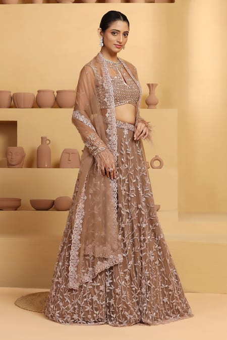 Meenagurnam_Brown Net, Linen Cut Work, Sequins, Beads, Flower Hand Embellished Lehenga Set _Online_at_Aza_Fashions