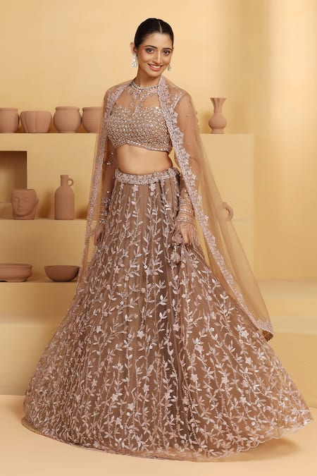 Meenagurnam_Brown Net, Linen Cut Work, Sequins, Beads, Flower Hand Embellished Lehenga Set _at_Aza_Fashions