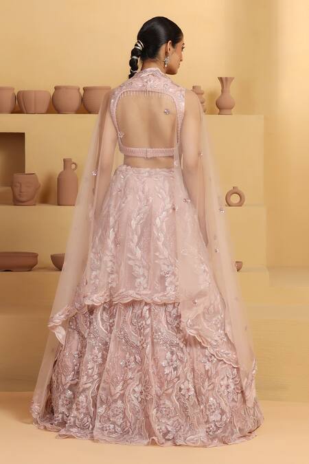 Shop Meenagurnam Pink Net, Linen Sequins, Cut Work, Beads, Embroidery Flower Bloom Lehenga Set at Aza Fashions Shop_Meenagurnam_Pink Net, Linen Sequins, Cut Work, Beads, Embroidery Flower Bloom Lehenga Set_at_Aza_Fashions