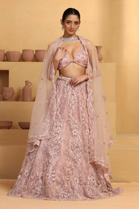 Shop Meenagurnam Pink Net, Linen Sequins, Cut Work, Beads, Embroidery Flower Bloom Lehenga Set Online at Aza Fashions Shop_Meenagurnam_Pink Net, Linen Sequins, Cut Work, Beads, Embroidery Flower Bloom Lehenga Set_Online_at_Aza_Fashions