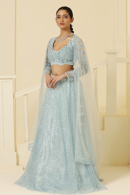 Shop_Meenagurnam_Blue Net, Linen Sequins, Cut Work, Beads Scoop Glitter Embroidered Lehenga Set _Online_at_Aza_Fashions