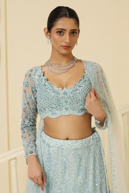 Meenagurnam_Blue Net, Linen Sequins, Cut Work, Beads Scoop Glitter Embroidered Lehenga Set _at_Aza_Fashions