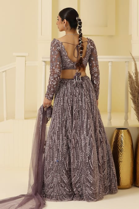 Shop Meenagurnam Purple Net, Linen Sequins, Beads, Glitter, Embroidery Abstract Lehenga Set at Aza Fashions Shop_Meenagurnam_Purple Net, Linen Sequins, Beads, Glitter, Embroidery Abstract Lehenga Set _at_Aza_Fashions