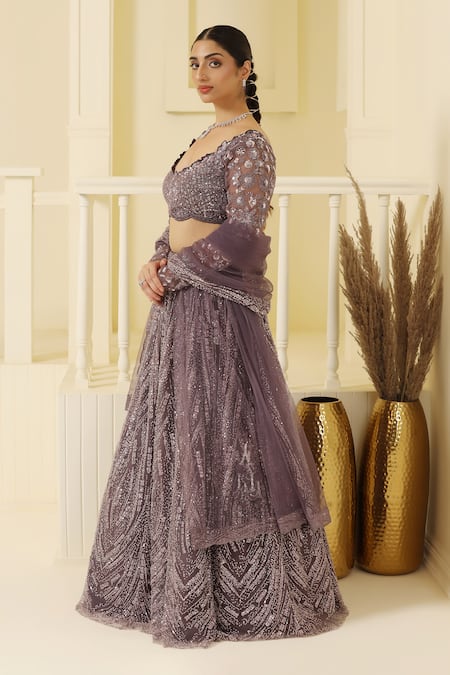 Shop Meenagurnam Purple Net, Linen Sequins, Beads, Glitter, Embroidery Abstract Lehenga Set Online at Aza Fashions Shop_Meenagurnam_Purple Net, Linen Sequins, Beads, Glitter, Embroidery Abstract Lehenga Set _Online_at_Aza_Fashions