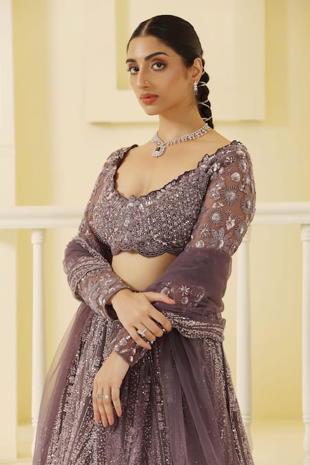 Meenagurnam Purple Net, Linen Sequins, Beads, Glitter, Embroidery Abstract Lehenga Set at Aza Fashions Meenagurnam_Purple Net, Linen Sequins, Beads, Glitter, Embroidery Abstract Lehenga Set _at_Aza_Fashions