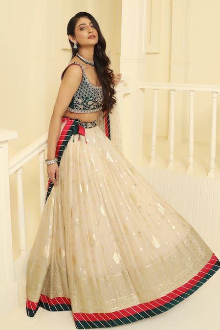 Shop_Meenagurnam_Gold Net, Linen Embroidery, Cut Work Flower And Temple Motif Pattern Lehenga Set _Online_at_Aza_Fashions