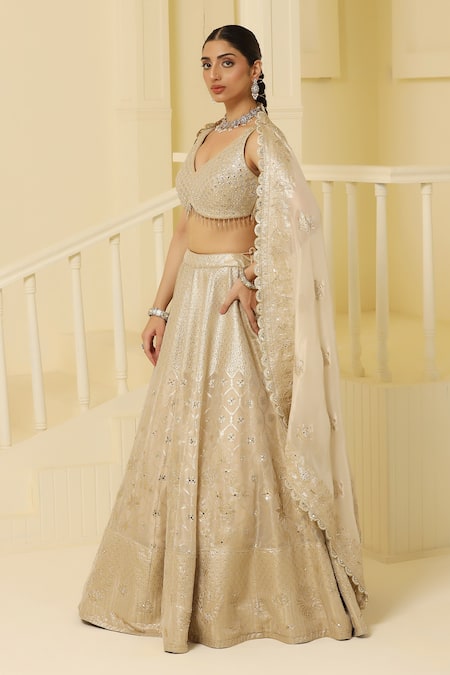 Meenagurnam Gold Tissue, Linen Stones, Cut Work, Mirrors, Floral Scallop Pattern Lehenga Set Online at Aza Fashions Meenagurnam_Gold Tissue, Linen Stones, Cut Work, Mirrors, Floral Scallop Pattern Lehenga Set _Online_at_Aza_Fashions