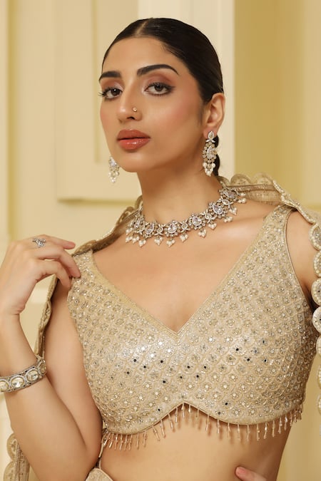 Buy Meenagurnam Gold Tissue, Linen Stones, Cut Work, Mirrors, Floral Scallop Pattern Lehenga Set Online at Aza Fashions Buy_Meenagurnam_Gold Tissue, Linen Stones, Cut Work, Mirrors, Floral Scallop Pattern Lehenga Set _Online_at_Aza_Fashions