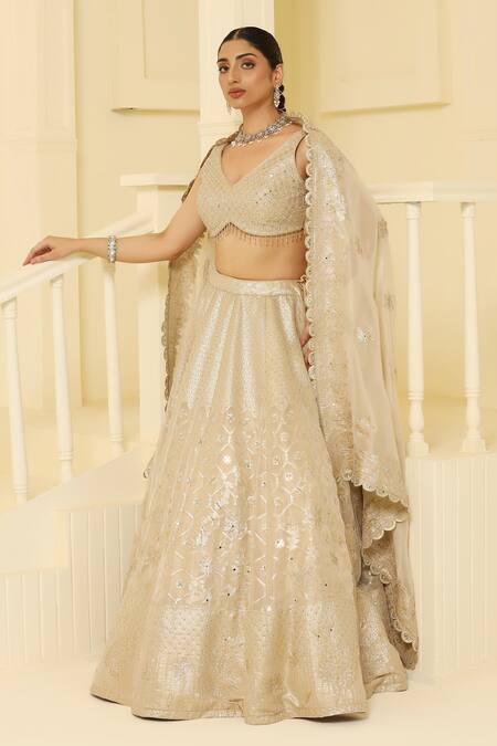 Shop Meenagurnam Gold Tissue, Linen Stones, Cut Work, Mirrors, Floral Scallop Pattern Lehenga Set Online at Aza Fashions Shop_Meenagurnam_Gold Tissue, Linen Stones, Cut Work, Mirrors, Floral Scallop Pattern Lehenga Set _Online_at_Aza_Fashions