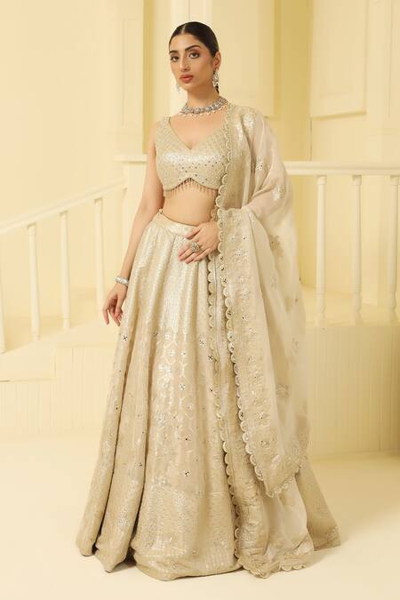 Meenagurnam Gold Tissue, Linen Stones, Cut Work, Mirrors, Floral Scallop Pattern Lehenga Set at Aza Fashions Meenagurnam_Gold Tissue, Linen Stones, Cut Work, Mirrors, Floral Scallop Pattern Lehenga Set _at_Aza_Fashions