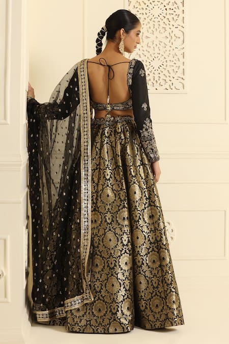 Shop_Meenagurnam_Black Silk, Net, Jacquard Sequins Polo Floral Banarasi Pattern Lehenga Set _at_Aza_Fashions