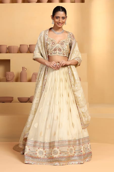 MeenaGurnam Beige Blouse Net Woven Floral Sweetheart Neck Bloom Embroidered And Lehenga Set 