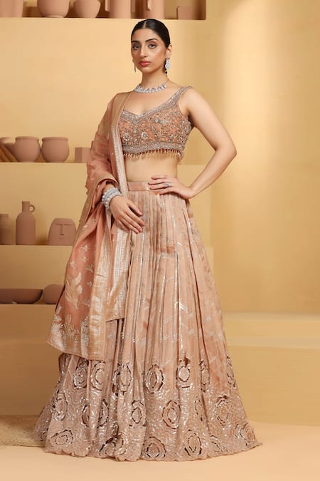 MeenaGurnam Beige Tissue Embroidery Nakshi Paan Neck Rosette Cutwork Pattern Lehenga Set 