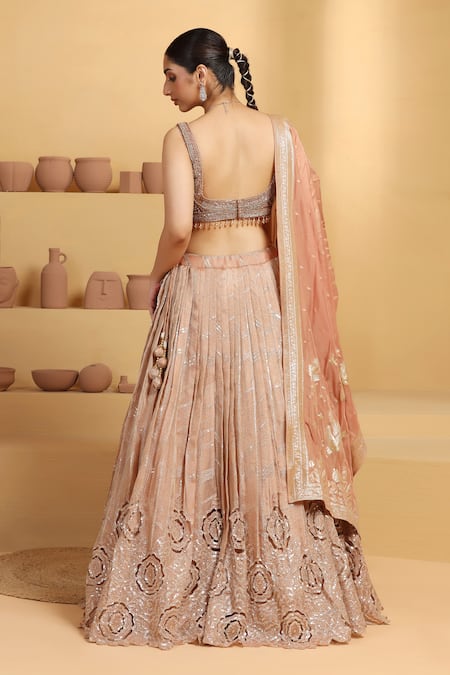 Shop Meenagurnam Beige Tissue, Linen Sequins, Embroidery Polo Rosette Cutwork Pattern Lehenga Set at Aza Fashions Shop_Meenagurnam_Beige Tissue, Linen Sequins, Embroidery Polo Rosette Cutwork Pattern Lehenga Set _at_Aza_Fashions