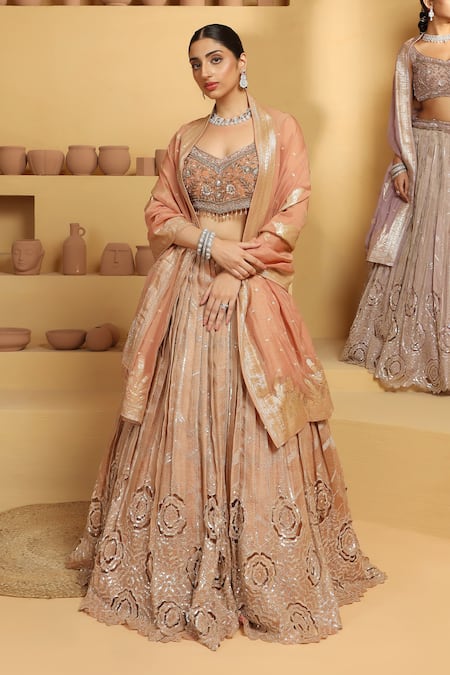 Meenagurnam Beige Tissue, Linen Sequins, Embroidery Polo Rosette Cutwork Pattern Lehenga Set Online at Aza Fashions Meenagurnam_Beige Tissue, Linen Sequins, Embroidery Polo Rosette Cutwork Pattern Lehenga Set _Online_at_Aza_Fashions