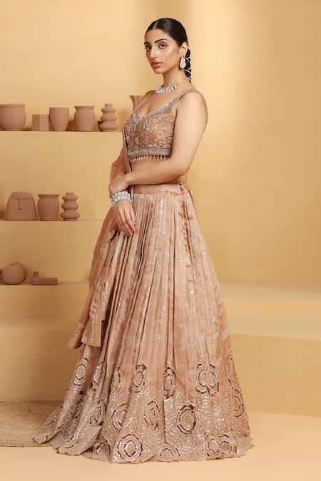 Shop Meenagurnam Beige Tissue, Linen Sequins, Embroidery Polo Rosette Cutwork Pattern Lehenga Set Online at Aza Fashions Shop_Meenagurnam_Beige Tissue, Linen Sequins, Embroidery Polo Rosette Cutwork Pattern Lehenga Set _Online_at_Aza_Fashions