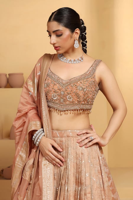 Meenagurnam Beige Tissue, Linen Sequins, Embroidery Polo Rosette Cutwork Pattern Lehenga Set at Aza Fashions Meenagurnam_Beige Tissue, Linen Sequins, Embroidery Polo Rosette Cutwork Pattern Lehenga Set _at_Aza_Fashions