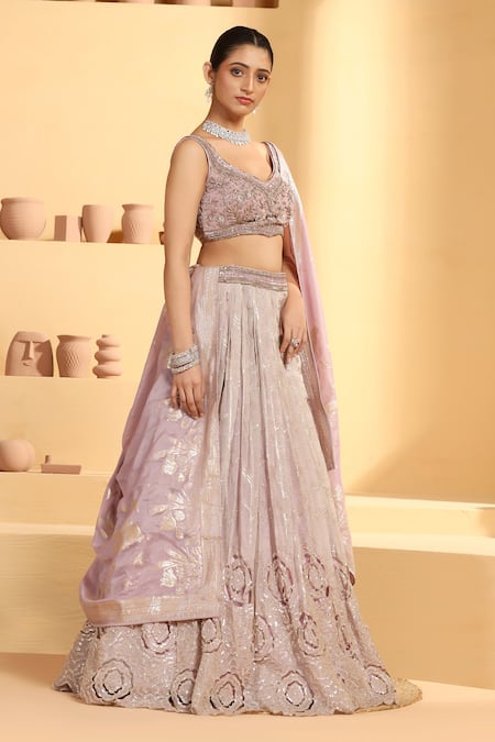 Buy Meenagurnam Beige Tissue, Linen Sequins, Embroidery Polo Rosette Cutwork Pattern Lehenga Set Buy_Meenagurnam_Beige Tissue, Linen Sequins, Embroidery Polo Rosette Cutwork Pattern Lehenga Set
