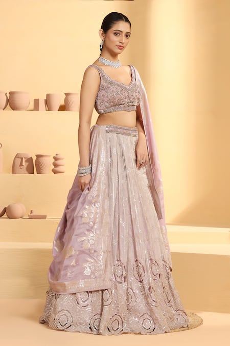 Shop Meenagurnam Beige Tissue, Linen Sequins, Embroidery Polo Rosette Cutwork Pattern Lehenga Set Shop_Meenagurnam_Beige Tissue, Linen Sequins, Embroidery Polo Rosette Cutwork Pattern Lehenga Set
