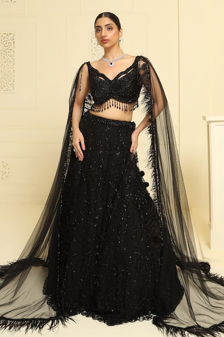 MeenaGurnam Black Net Embroidery Crystal Spread V Neck Tonal Lehenga Set 