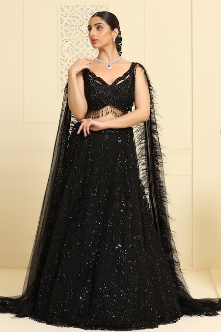 Meenagurnam Black Net, Linen Embroidery, Sequins, Cut Work, Crystals Tonal Lehenga Set Online at Aza Fashions Meenagurnam_Black Net, Linen Embroidery, Sequins, Cut Work, Crystals Tonal Lehenga Set _Online_at_Aza_Fashions