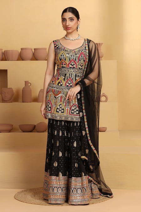 MeenaGurnam Black Georgette Embroidery Floral Paan Neck Mughal Motif Kurta Sharara Set 