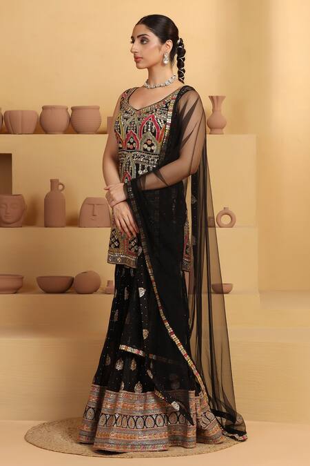 Meenagurnam_Black Georgette, Net, Cotton, Linen Embroidery Mughal Motif Kurta Sharara Set _Online_at_Aza_Fashions