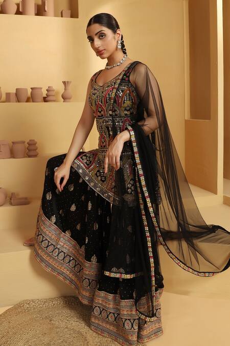 Shop_Meenagurnam_Black Georgette, Net, Cotton, Linen Embroidery Mughal Motif Kurta Sharara Set _Online_at_Aza_Fashions
