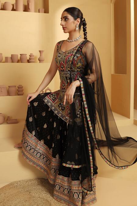 Meenagurnam_Black Georgette, Net, Cotton, Linen Embroidery Mughal Motif Kurta Sharara Set _at_Aza_Fashions
