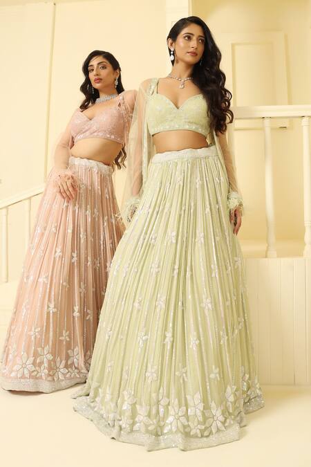 Meenagurnam_Green Net, Georgette Sequins, Embroidery Sheer Jacket And Floral Lehenga Set _Online_at_Aza_Fashions