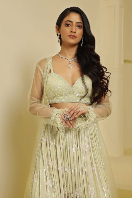 Buy_Meenagurnam_Green Net, Georgette Sequins, Embroidery Sheer Jacket And Floral Lehenga Set _Online_at_Aza_Fashions