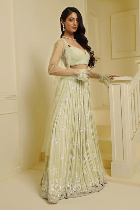 Meenagurnam_Green Net, Georgette Sequins, Embroidery Sheer Jacket And Floral Lehenga Set _at_Aza_Fashions