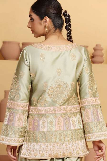 Shop Meenagurnam Green Modal, Net Embroidery, Sequins Round Floral Motif Pattern Kurta Pant Set at Aza Fashions Shop_Meenagurnam_Green Modal, Net Embroidery, Sequins Round Floral Motif Pattern Kurta Pant Set _at_Aza_Fashions