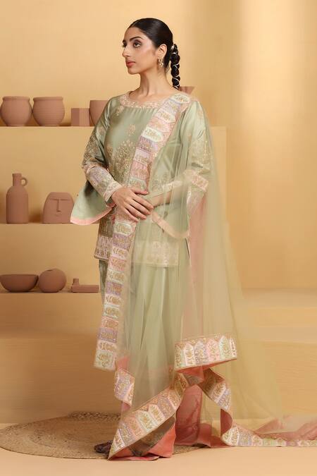 Buy Meenagurnam Green Modal, Net Embroidery, Sequins Round Floral Motif Pattern Kurta Pant Set Online at Aza Fashions Buy_Meenagurnam_Green Modal, Net Embroidery, Sequins Round Floral Motif Pattern Kurta Pant Set _Online_at_Aza_Fashions
