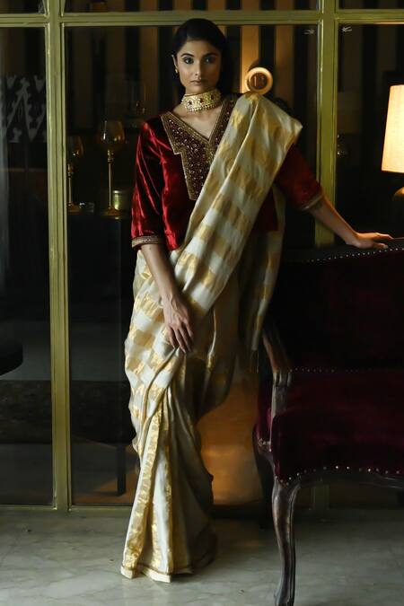 Shop_Shorshe Clothing_Beige Tissue Mogra Patti Woven Saree_at_Aza_Fashions