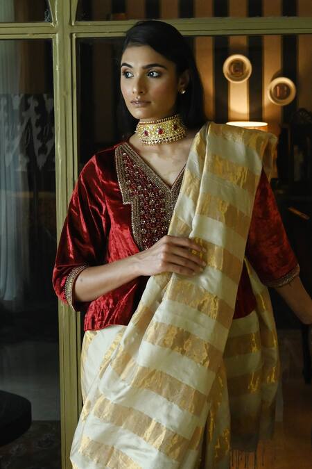 Shorshe Clothing_Beige Tissue Mogra Patti Woven Saree_Online_at_Aza_Fashions