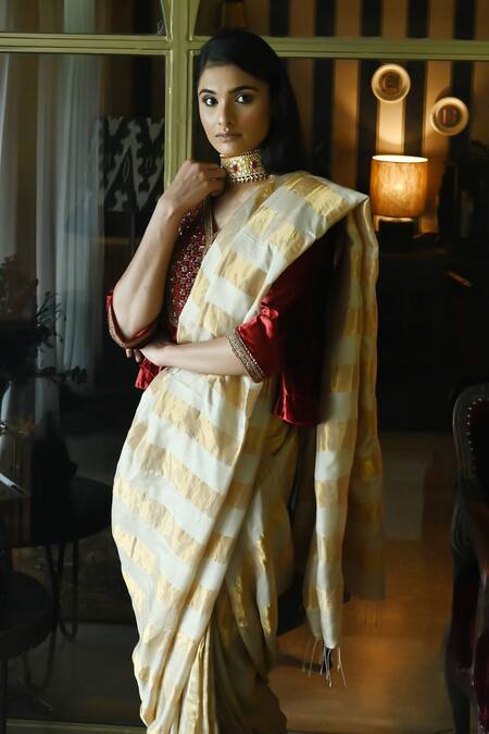 Buy_Shorshe Clothing_Beige Tissue Mogra Patti Woven Saree_Online_at_Aza_Fashions